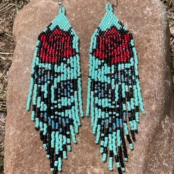 Rose Beaded Earrings, New, Handmade by Me - Picture 2 of 7